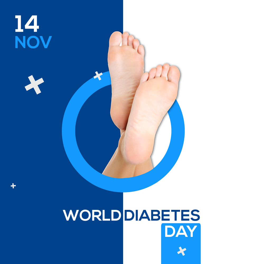 Diabetes-related foot problems. Diabetes blue ring logo with a foot inside.