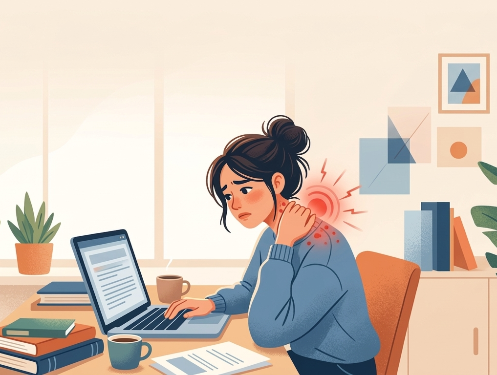 An illustration of a woman experiencing neck pain while working at her desk on a laptop. She is sitting in front of a window with plants and books, visibly discomforted as she rubs her neck. The image represents the effects of office syndrome, commonly caused by poor posture during long hours of desk work.